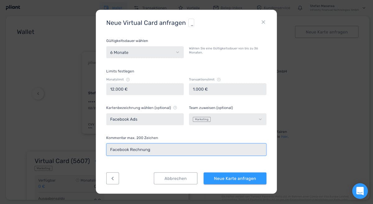 Virtuelle Kreditkarte in der pliant App beantragen
