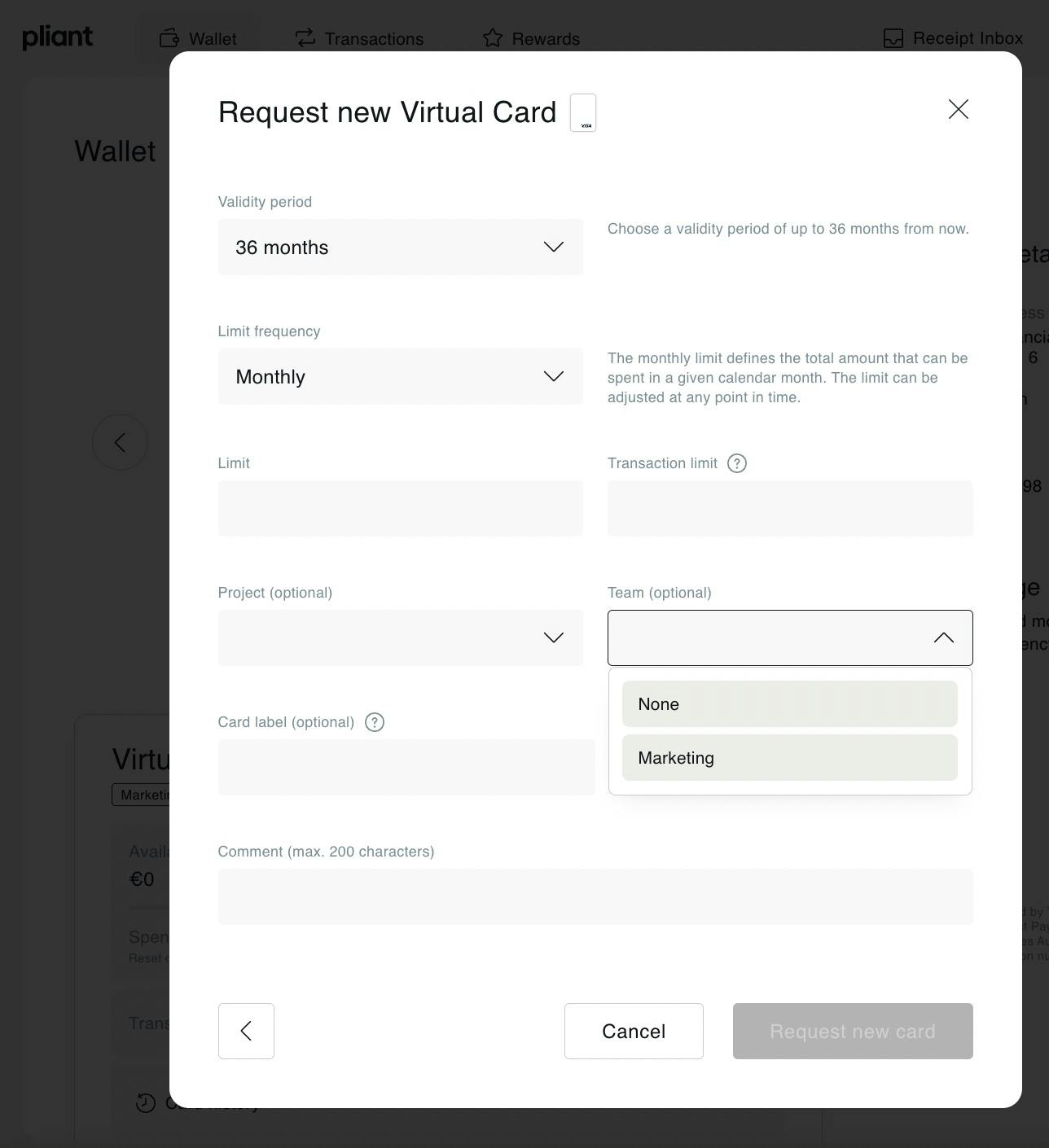 How to request a new virtual card in Pliant