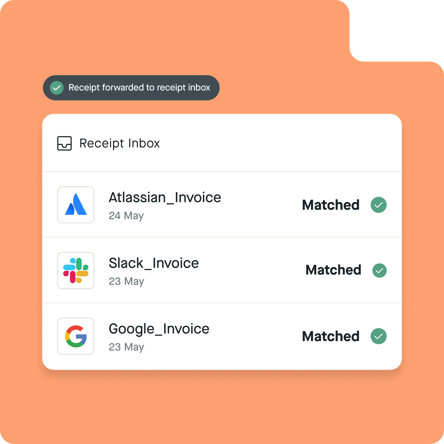 Pliant app matches transactions with receipts that are forwarded to receipt inbox