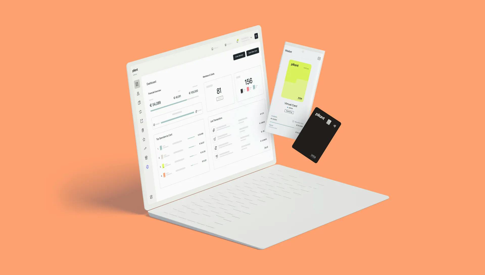 Pliantin desktop-sovellus, mobiilisovellus ja yritysluottokortti kuvattuna